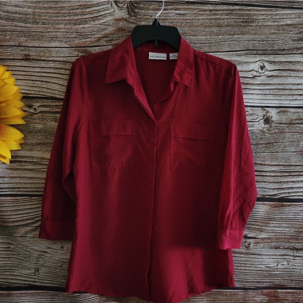 Liz Claiborne long sleeve blouse  Women's medium red/blue polka-dots Pre-owned